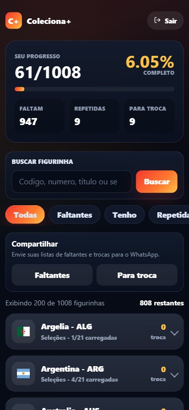 Preview da tela principal do Coleciona+